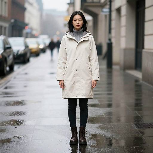 Woman in Waterproof Coat on Street