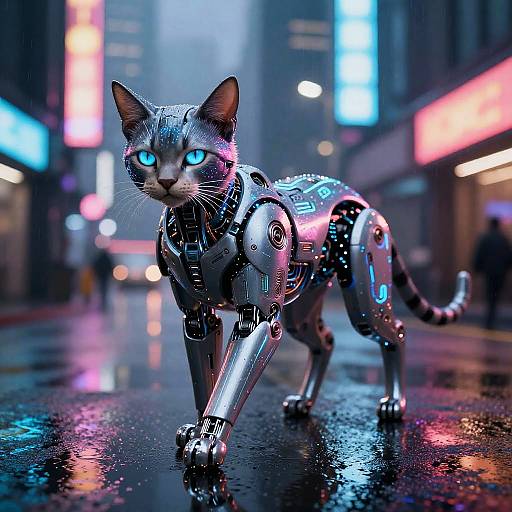 Cyberpunk Feline Robot in Neon City
