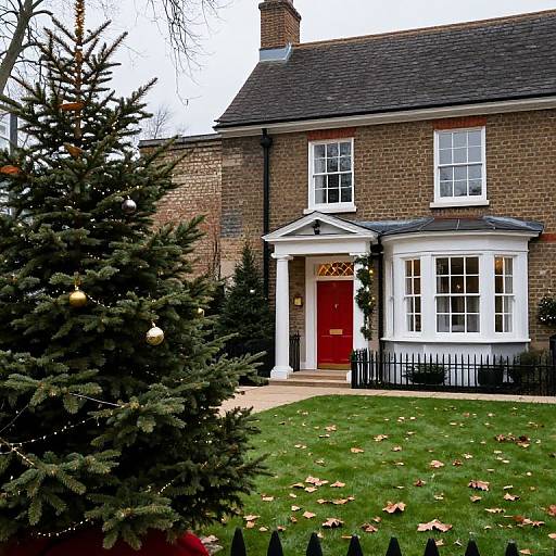Photograph of a brick two-story house with a red door, white trim, and a decorated Christmas tree in the foreground.