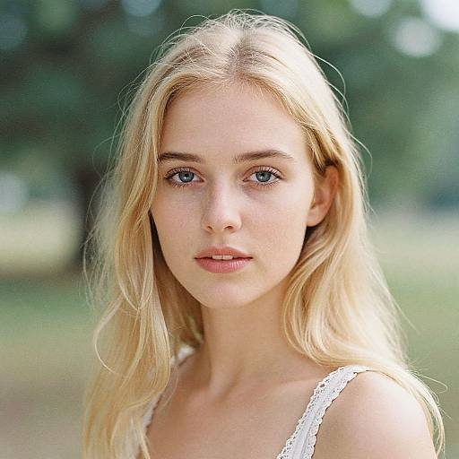 Photograph of a young blonde woman with fair skin, blue eyes, and wavy hair, wearing a white lace top, standing outdoors in a sun