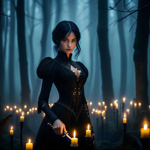 Enigmatic Woman in Black Dress with Dagger in Foggy Forest