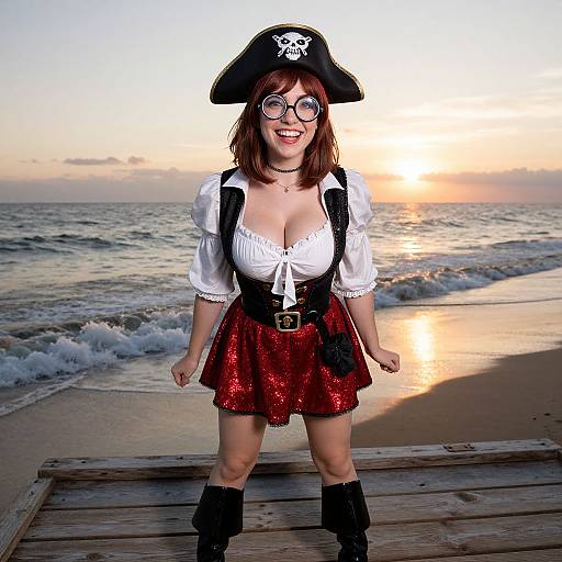 Photograph of a smiling woman in a pirate costume with a black tricorn hat, white blouse, red sequin skirt, and black boots, standing
