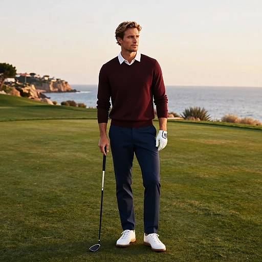 Photograph of a handsome man with curly brown hair, wearing a maroon sweater, white shirt, navy pants, white shoes, and golf glove,