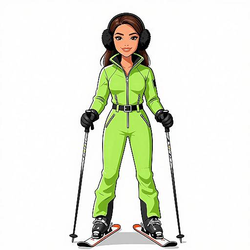 Digital illustration of a confident woman with brown hair, wearing a lime green ski suit, black gloves, and holding ski poles. She stands on skis