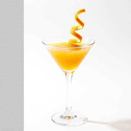 Photograph of a vibrant orange cocktail in a martini glass with a twisted orange peel garnish, set against a white background.