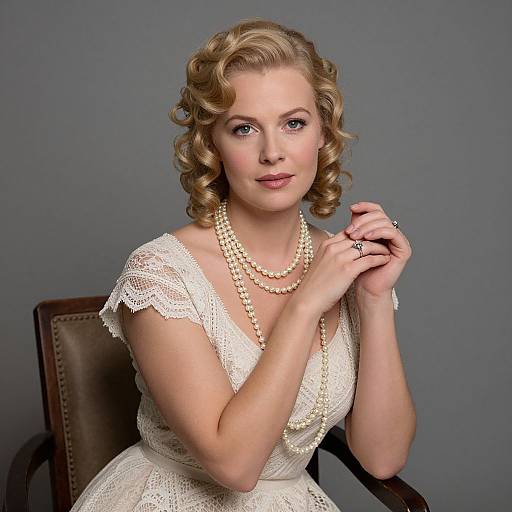 Photograph of a blonde woman with vintage-style curly hair, wearing a white lace dress and pearl necklace, sitting against a gray background. She holds her