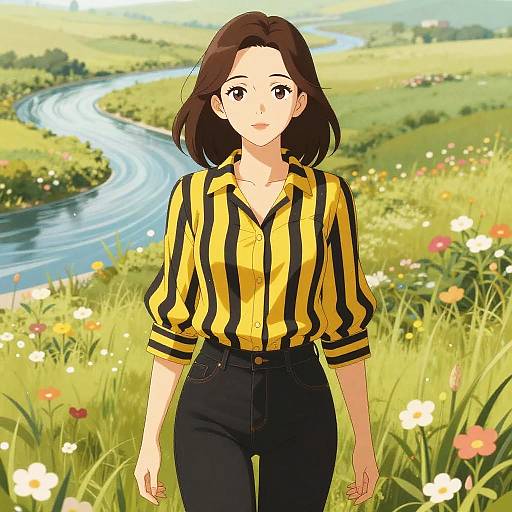Anime-style digital drawing of a young woman with brown hair, wearing a yellow and black striped shirt and black pants, standing in a vibrant, flower-filled