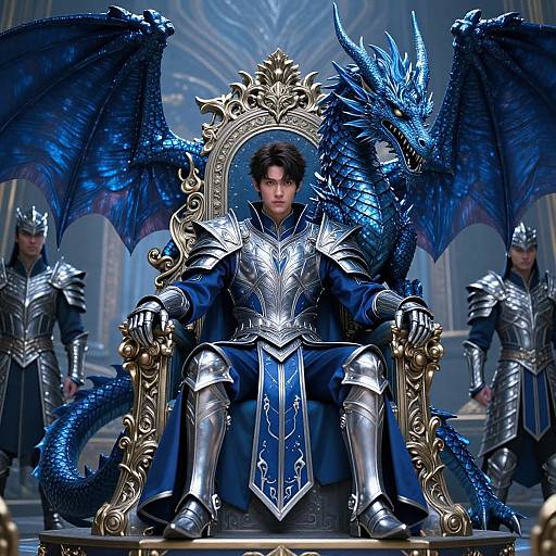 Digital artwork: A handsome man in blue and silver armor, seated on an ornate throne, with a blue dragon beside him, flanked by two