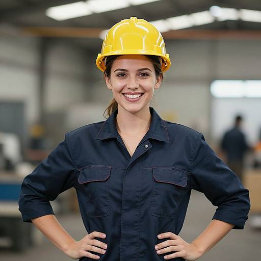 Photograph of a smiling woman with light skin, brown hair in a ponytail, wearing a yellow hard hat and black work jumpsuit, standing confidently