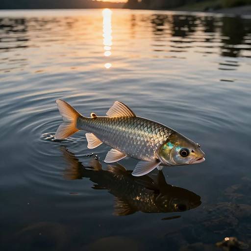 Photograph of a colorful fish with iridescent scales and translucent fins swimming in calm, reflective water at sunset.