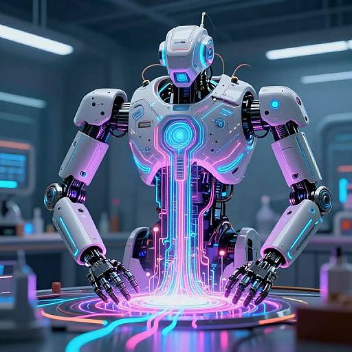 Digital art of a glowing white robotic figure with neon blue and pink accents, sitting on a futuristic circular platform in a high-tech laboratory.