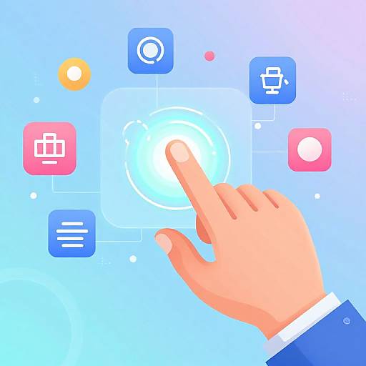 Digital illustration of a hand with index finger touching a glowing circular button on a blue background, surrounded by app icons.