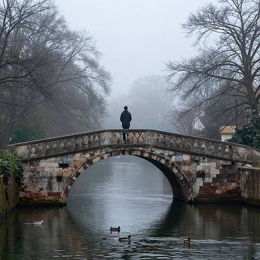 Photograph of a solitary figure standing on a stone bridge over a foggy, reflective pond, with two ducks in the water and bare trees in the