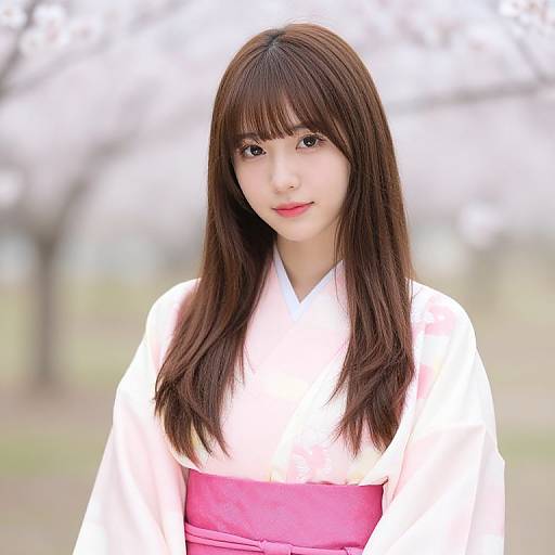 Asian Girl in Pink White Kimono