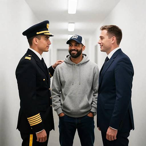 Three Men in a White Hallway