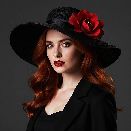 Elegant Redhead Woman in Black Hat with Red Flower