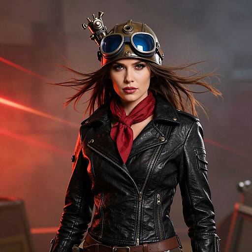 Photograph of a fierce woman in black leather jacket, red scarf, and steampunk goggles with a gear on her head, set against a sm