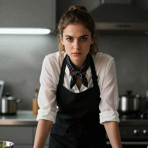 Focused Woman in Dimly Lit Kitchen