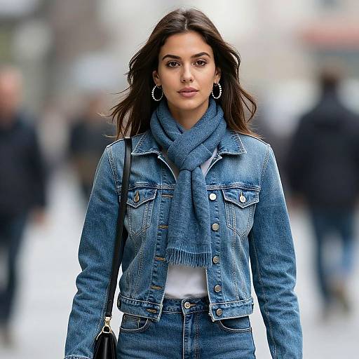 Photograph of a young woman with long dark hair, wearing a blue denim jacket, scarf, and high-waisted jeans, standing confidently in a