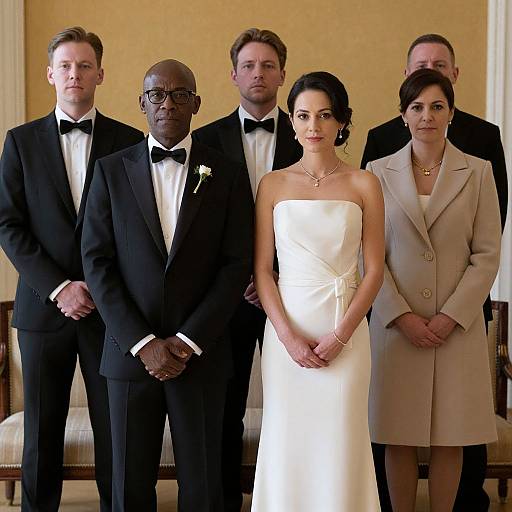 Photograph of six people in formal attire; bride in white strapless dress, five men in black tuxedos, one woman in beige coat