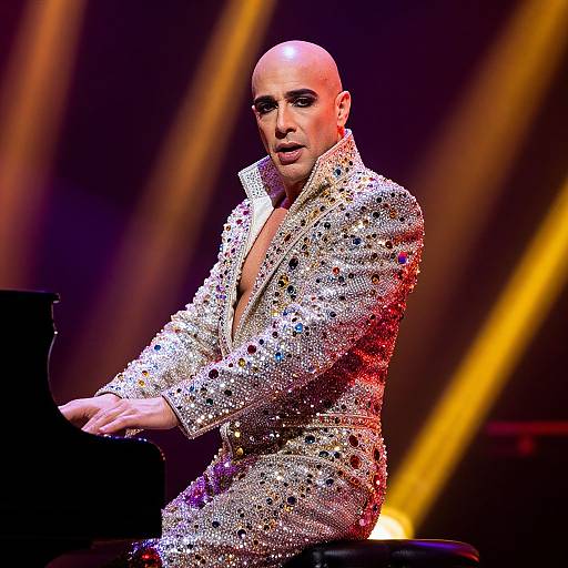 Photograph of a bald man with a muscular build, wearing a glittering, sequined silver jacket, sitting on a black stool under vibrant stage lights