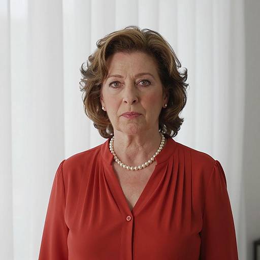 Middle-aged Woman in Red Blouse with Pearl Necklace