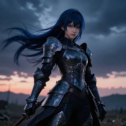 Digital artwork of a fierce, blue-haired woman in dark, metallic armor standing against a dramatic, cloudy sunset sky. Her intense gaze commands attention.