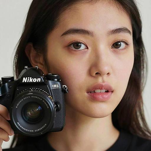 Photograph of a young Asian woman with long dark hair, holding a Nikon DSLR camera close to her face, looking directly at the camera with subtle