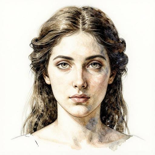 Digital painting of a young woman with long, wavy brown hair, fair skin, and blue eyes, set against a plain white background. Her expression
