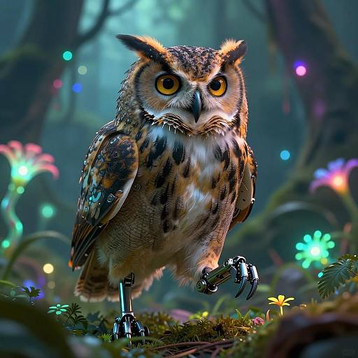 Bionic Great Horned Owl in Neon Jungle