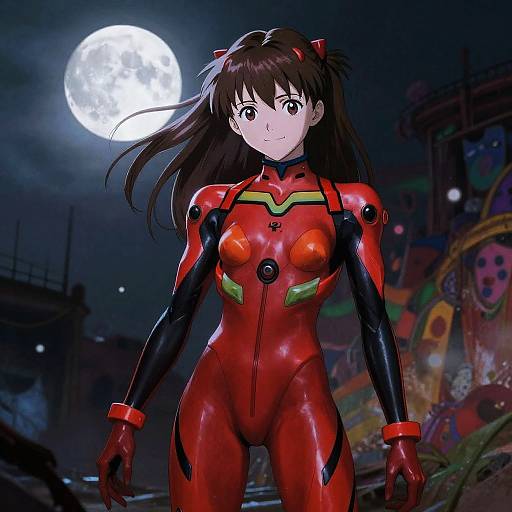 Anime Character in Red Suit Under Moonlight