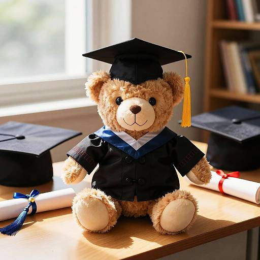 Photograph of a fluffy brown teddy bear wearing a black graduation cap and gown, sitting on a wooden desk with diplomas and caps. Sunlight