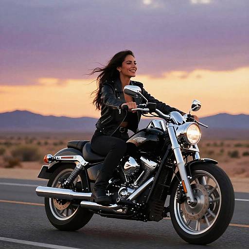 Photograph of a smiling woman with long dark hair, wearing a black leather jacket, riding a shiny chrome motorcycle at sunset in a desert landscape.