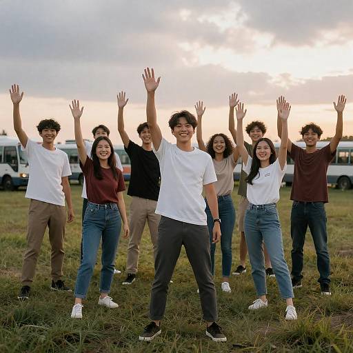 Diverse Group Celebrating at Sunset
