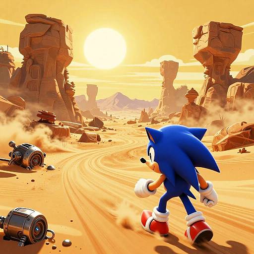 CGI image of Sonic the Hedgehog, blue with red shoes, walking through a sunlit, desert landscape with large rock formations and scattered debris.