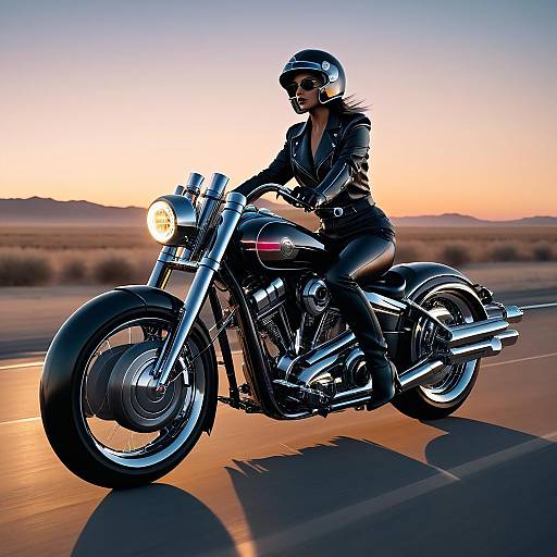Woman Riding Sleek Black Motorcycle at Dusk