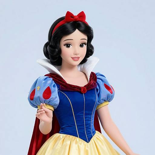 Digital illustration of Snow White, wearing a blue bodice, yellow skirt, red cape, white collar, and red bow in her black hair.