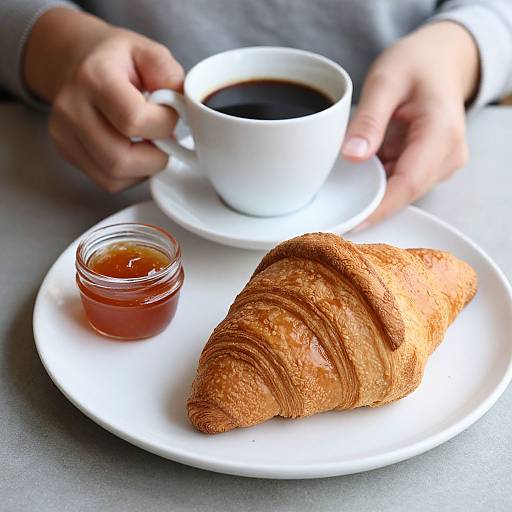 Photograph of a person's hands holding a white cup of black coffee, with a golden-brown croissant and a small jar of jam on a