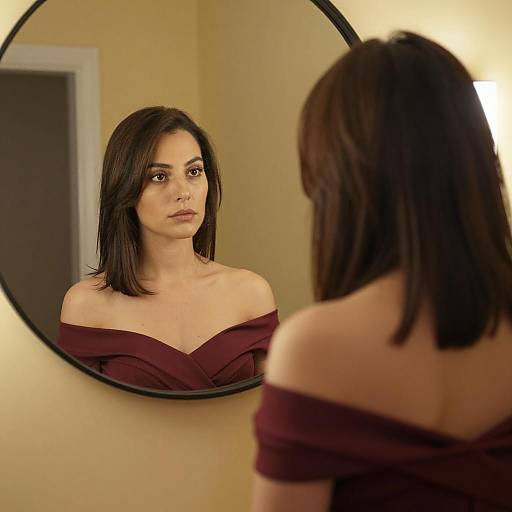 Woman in Maroon Dress Looking in Mirror