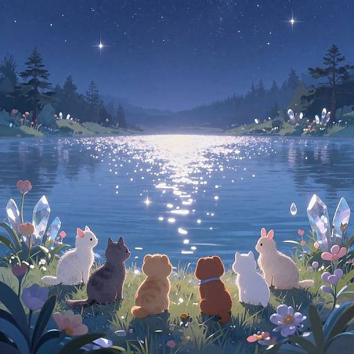 Digital artwork of six stuffed animals—two white bunnies, a black cat, a brown dog, an orange tiger, and a white rabbit—