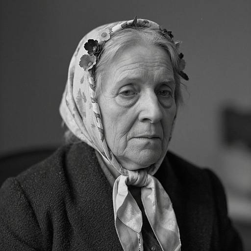 Black-and-white photograph of an elderly woman with wrinkled skin, wearing a floral headscarf, dark coat, and satin bow, looking solemnly