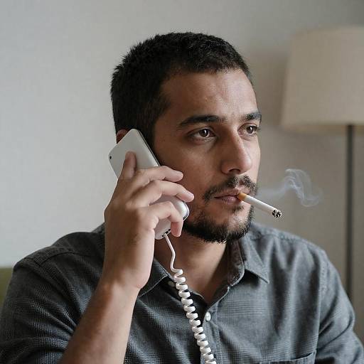 Close Up Man Smoking with Corded Phone