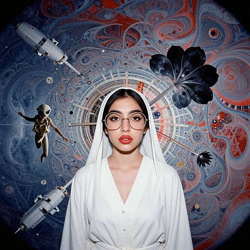 Photograph of an Asian woman with red lipstick, glasses, and white headscarf, surrounded by space-themed abstract background with drones, space crafts,