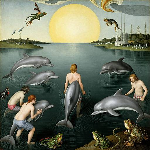 Illustration of six shirtless boys interacting with dolphins in a serene lake at sunset, surrounded by frogs and birds, with a radiant sun and distant castle