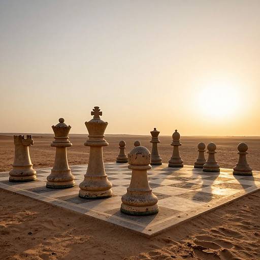 Photograph of a sunlit chessboard in a desert, featuring large, weathered chess pieces silhouetted against a glowing orange sunset.