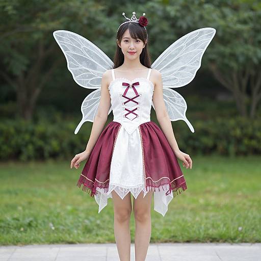 Photograph of an Asian woman in a white and maroon fairy costume with translucent wings, standing in a grassy park.
