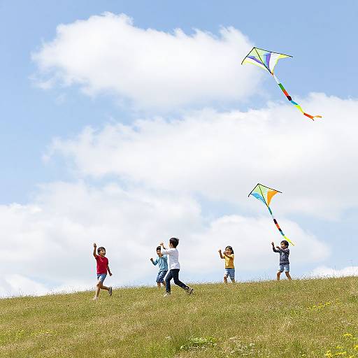 Five children flying colorful kites on a grassy hill under a bright blue sky with fluffy white clouds. Vibrant and joyful scene.