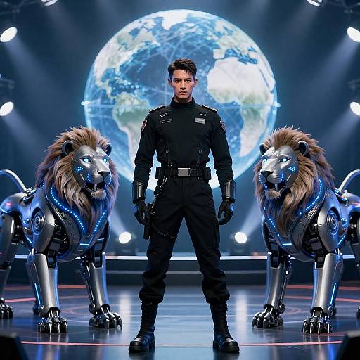 Futuristic Soldier Between LED Robotic Lions