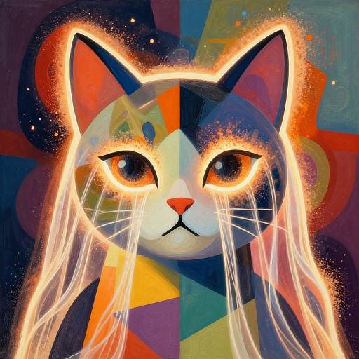 Digital painting of a glowing, stylized cat with vibrant orange and blue geometric background, featuring long, ethereal white whiskers and intense, luminous