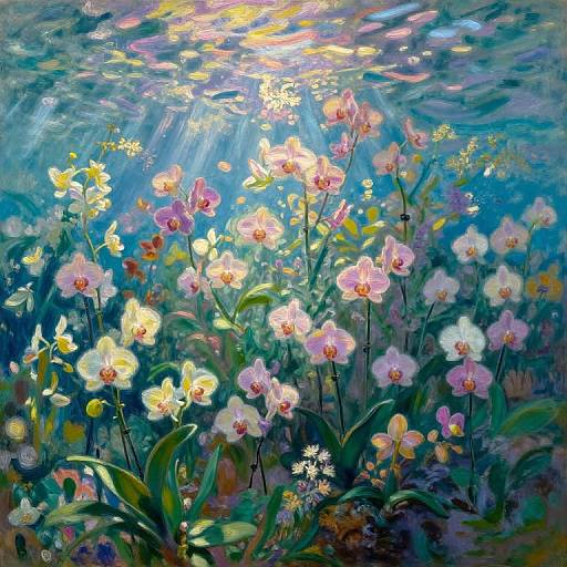 Vibrant underwater painting of pink and white orchids with sunlight beams filtering through the blue water, surrounded by green leaves and small yellow flowers.